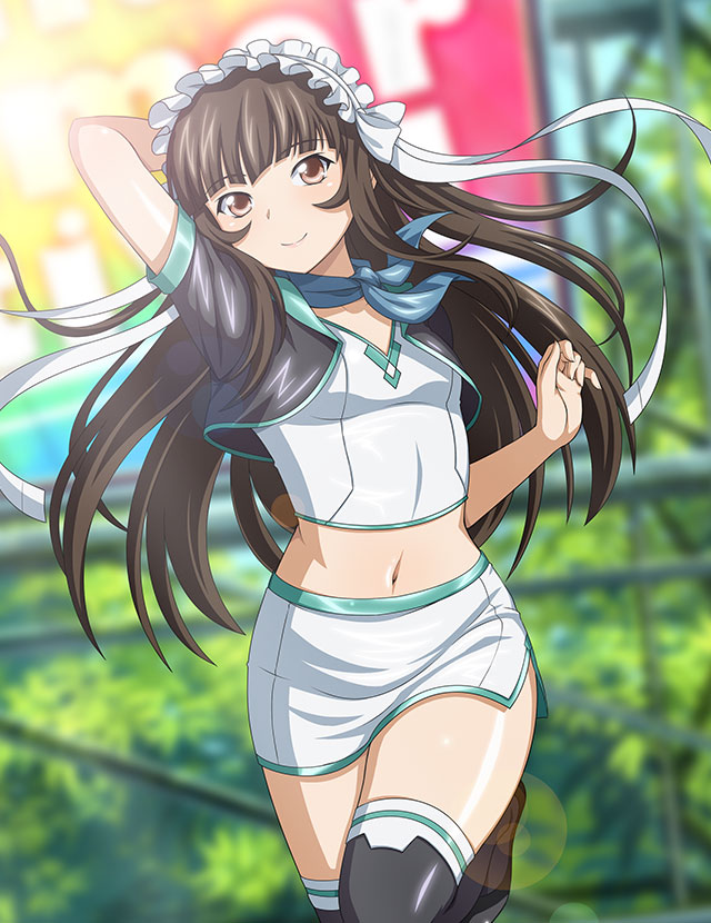 1girl arm_up bangs black_thighhighs blunt_bangs blurry blurry_background brown_eyes brown_hair closed_mouth crop_top day floating_hair ikkitousen leg_up lens_flare long_hair looking_at_viewer midriff miniskirt navel outdoors pencil_skirt shiny shiny_hair shirt short_sleeves side_slit skirt smile solo standing standing_on_one_leg stomach ten'i_(ikkitousen) thighhighs very_long_hair white_shirt white_skirt
