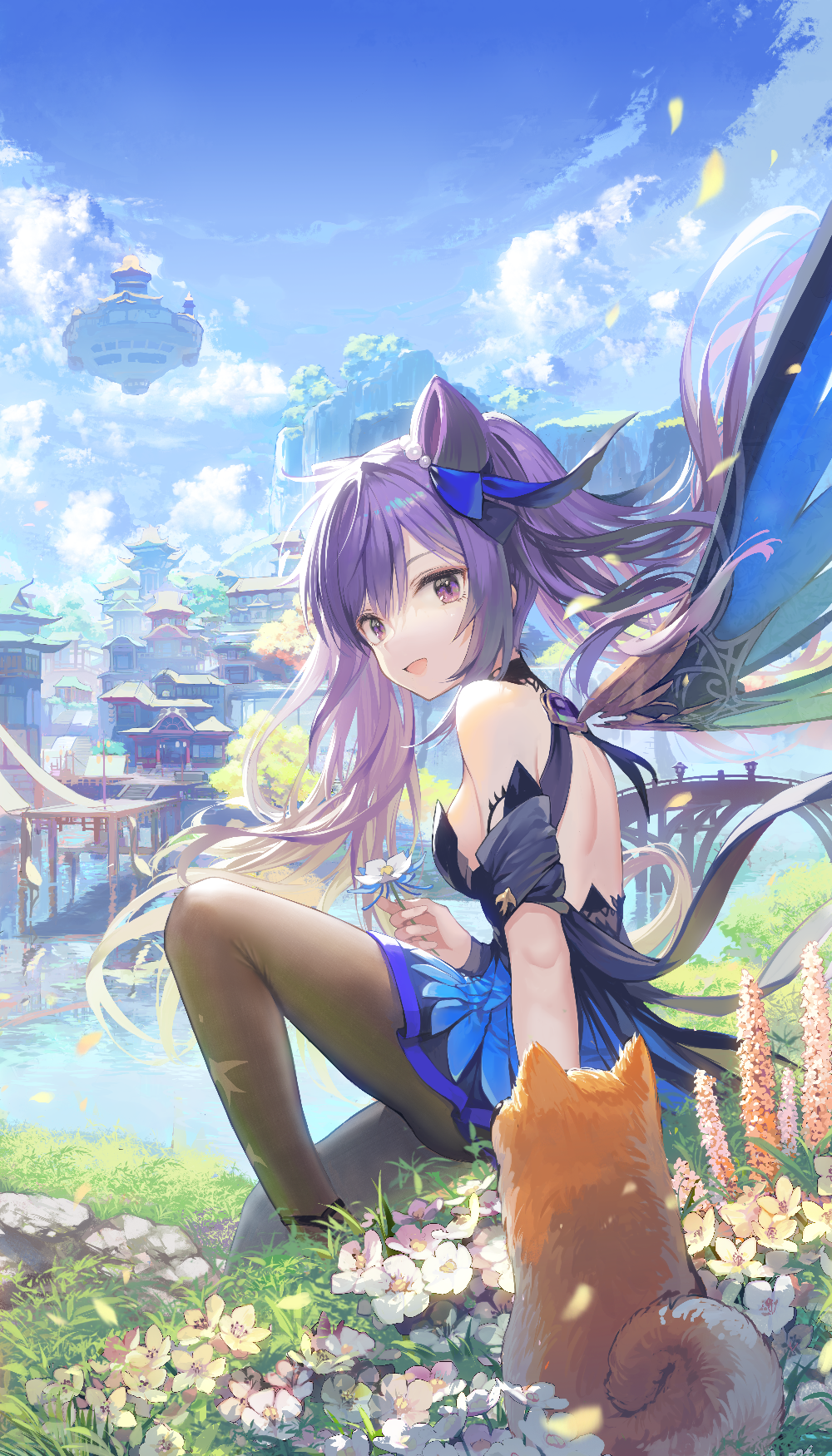 1girl :d architecture bangs bare_back bare_shoulders blue_ribbon blue_sky breasts brown_pantyhose city cityscape cloud cloudy_sky cone_hair_bun day dog double_bun dress east_asian_architecture falling_petals floating_hair floating_island flower from_side genshin_impact grass hair_bun hair_ribbon highres keqing_(genshin_impact) keqing_(opulent_splendor)_(genshin_impact) lake long_hair looking_at_viewer medium_breasts official_alternate_costume open_mouth outdoors pantyhose pearl_hair_ornament petals purple_eyes purple_hair ribbon ritsuki scenery sidelocks sitting sky smile solo swept_bangs twintails water wind