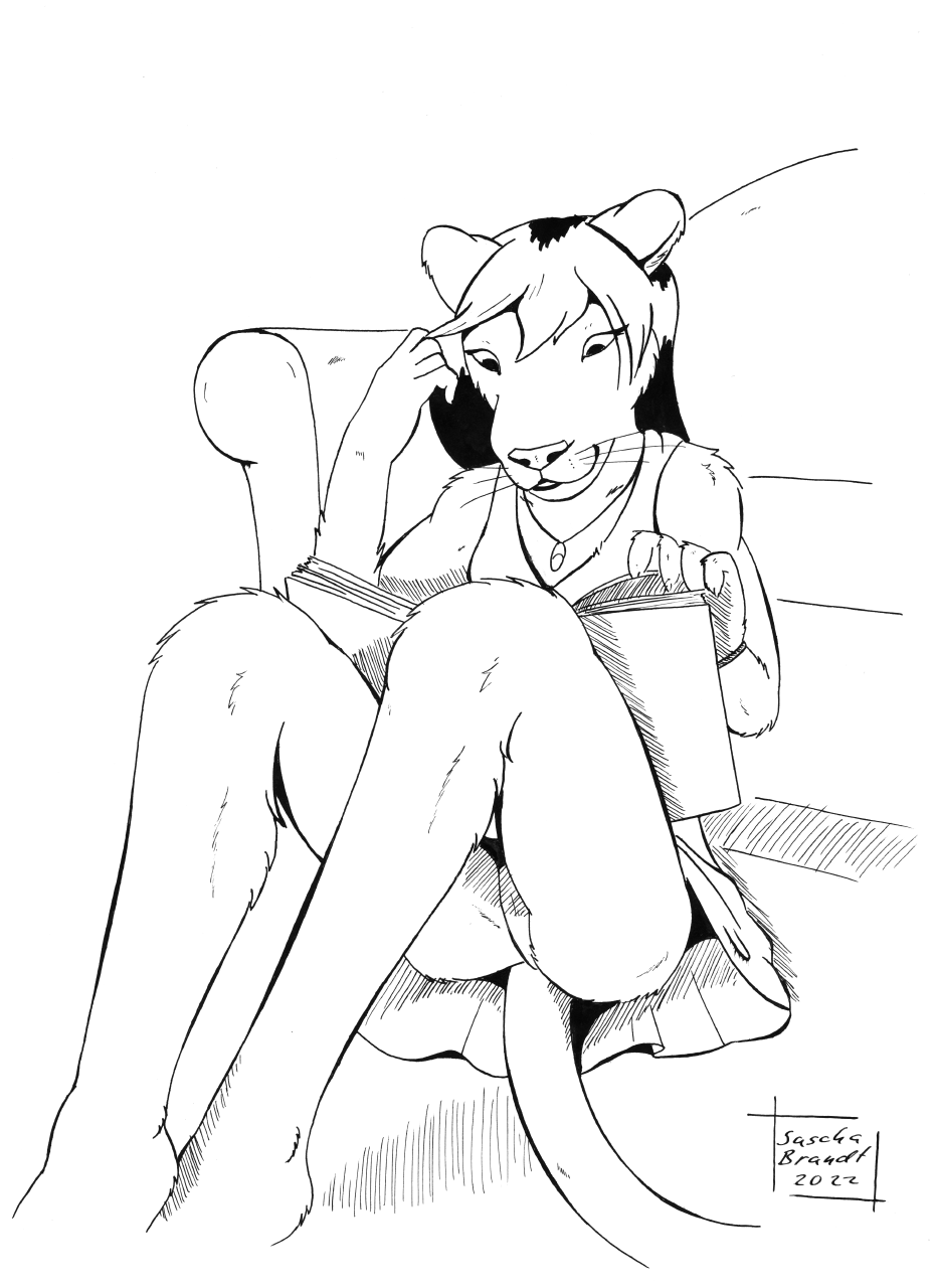 anthro black_and_white breasts clothing domestic_cat felid feline felis female furry hi_res ink jewelry line_art lion lionclaw1 lionheart mammal monochrome necklace pantherine panties sandra_(disambiguation) sandra_lionheart small_breasts solo summerdress traditional_media_(artwork) underwear upskirt whiskers