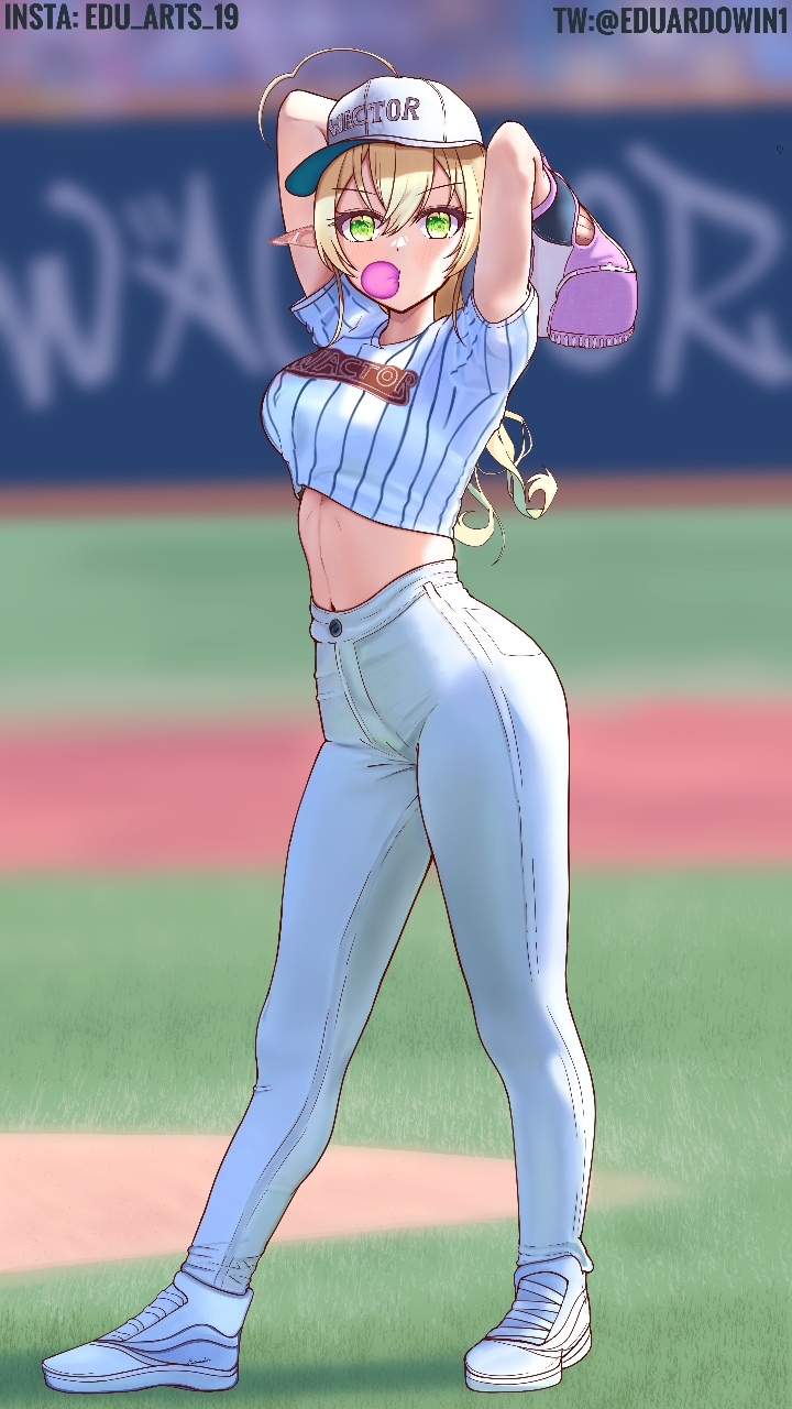 1girl ahoge alternate_costume arms_behind_head arms_up bangs baseball baseball_cap baseball_jersey baseball_mitt baseball_stadium baseball_uniform blonde_hair blurry blurry_background breasts catcher chewing_gum company_name cropped_shirt depth_of_field eduardowin full_body gloves green_eyes hair_between_eyes hat high-waist_pants highres instagram_username linea_alba long_hair medium_breasts midriff navel outdoors pants pink_gloves pinstripe_pattern pinstripe_shirt pointy_ears saohime_yue shirt shoes short_sleeves sidelocks sneakers solo sportswear stomach striped striped_shirt tight tight_pants twitter_username v-shaped_eyebrows vertical-striped_shirt vertical_stripes virtual_youtuber wactor_production white_footwear white_pants white_shirt