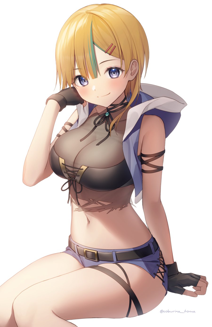 1girl arm_strap bandeau bare_shoulders belt black_gloves blonde_hair blue_eyes blue_shorts blue_vest breasts brown_shirt cleavage closed_mouth commission crop_top fingerless_gloves gloves hair_ornament hairclip hand_up highres hood hood_down hooded_vest hoodie large_breasts looking_at_viewer micro_shorts midriff multicolored_hair navel neck_ribbon original ribbon see-through shirt short_hair shorts side_slit simple_background sitting skeb_commission sleeveless sleeveless_shirt smile solo stomach strapless streaked_hair thigh_strap thighs toma_(norishio) torn_clothes torn_shirt tube_top vest white_background