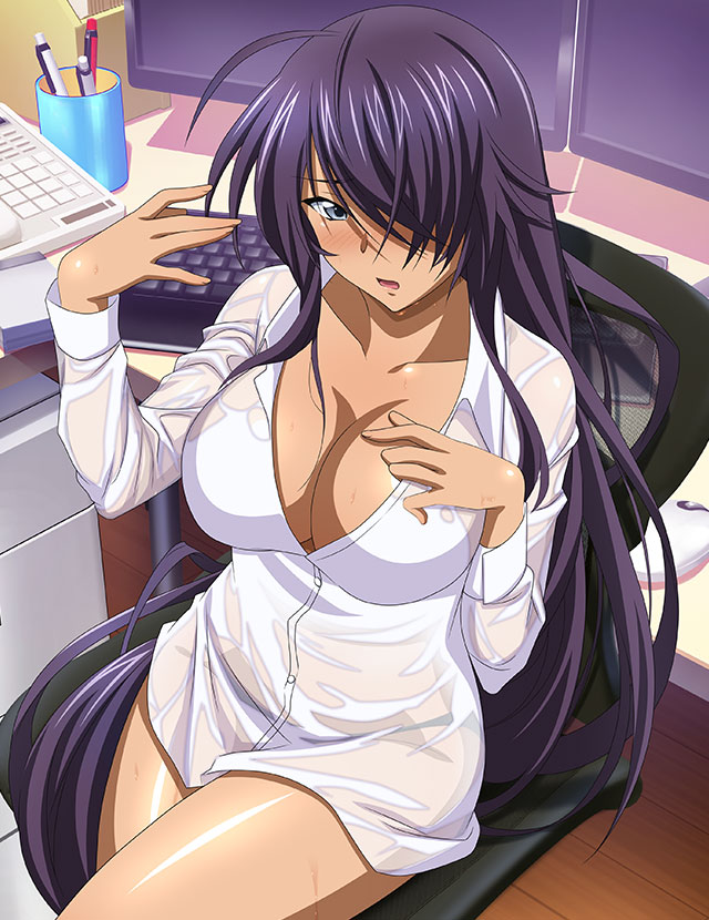 1girl blush breasts cleavage collarbone dress_shirt grey_eyes hair_over_one_eye ikkitousen indoors kan'u_unchou keyboard_(computer) large_breasts long_hair long_sleeves looking_at_viewer naked_shirt open_mouth pencil_case purple_hair shiny shiny_hair shiny_skin shirt sitting solo straight_hair very_long_hair wet wet_clothes wet_shirt white_shirt