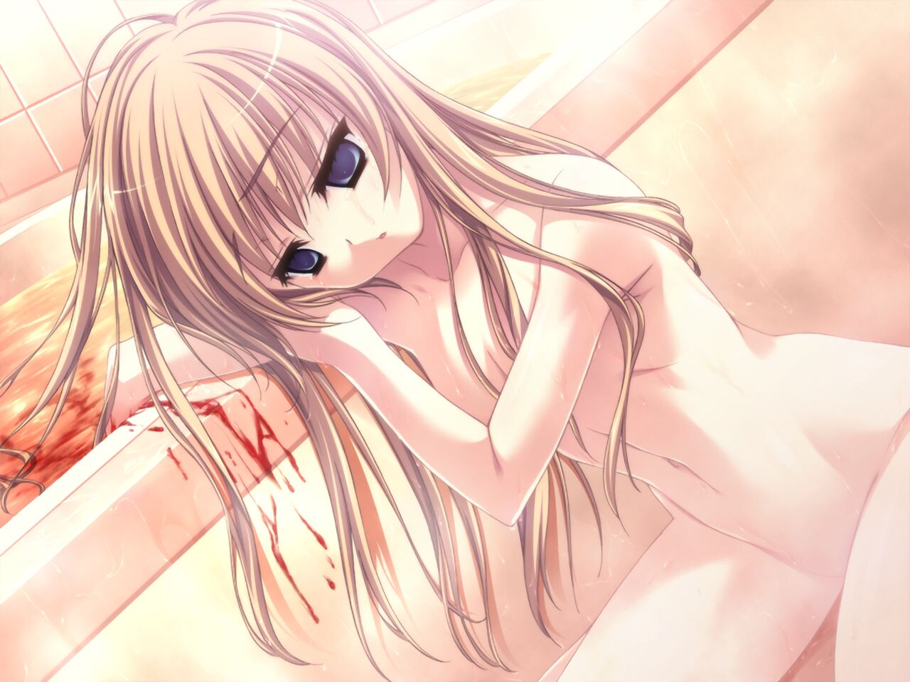 1girl amakusa_tobari bangs bathroom bathtub blonde_hair blood blue_eyes breasts cleavage collarbone completely_nude game_cg hair_between_eyes hamashima_shigeo hirose_yui long_hair navel nude open_mouth sentinel_(clockup) shiny shiny_hair small_breasts straight_hair suicide tears very_long_hair