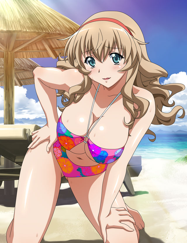1girl ass_visible_through_thighs bangs bare_legs barefoot beach bikini blue_eyes blue_sky blush breasts cleavage cloud collarbone day floral_print hair_between_eyes hairband halterneck hand_on_hip hand_on_lap ikkitousen kneeling large_breasts leaning_forward light_brown_hair long_hair looking_at_viewer navel ocean open_mouth outdoors pink_bikini print_bikini red_hairband shiny shiny_hair sky solo sonken_chuubou summer sunlight swimsuit
