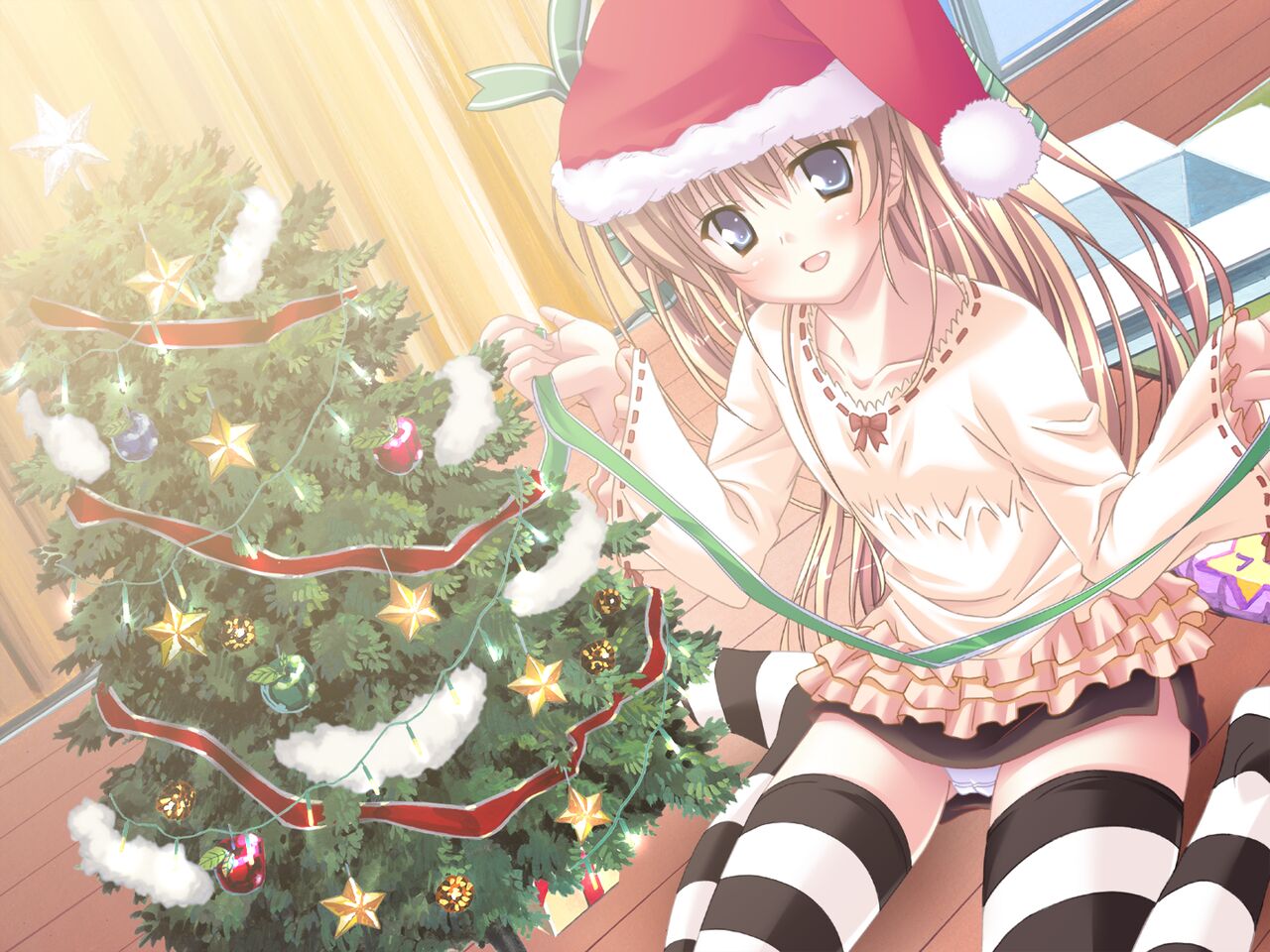 1girl :d amakusa_tobari bangs black_skirt blonde_hair blue_eyes blush christmas christmas_tree dutch_angle fang fur-trimmed_headwear game_cg green_ribbon hair_between_eyes hair_ribbon hamashima_shigeo hat hirose_yui indoors long_hair long_sleeves looking_at_viewer miniskirt panties pantyhose red_headwear ribbon santa_hat sentinel_(clockup) shiny shiny_hair shirt skirt smile solo striped striped_thighhighs thighhighs twintails underwear very_long_hair white_panties yellow_shirt