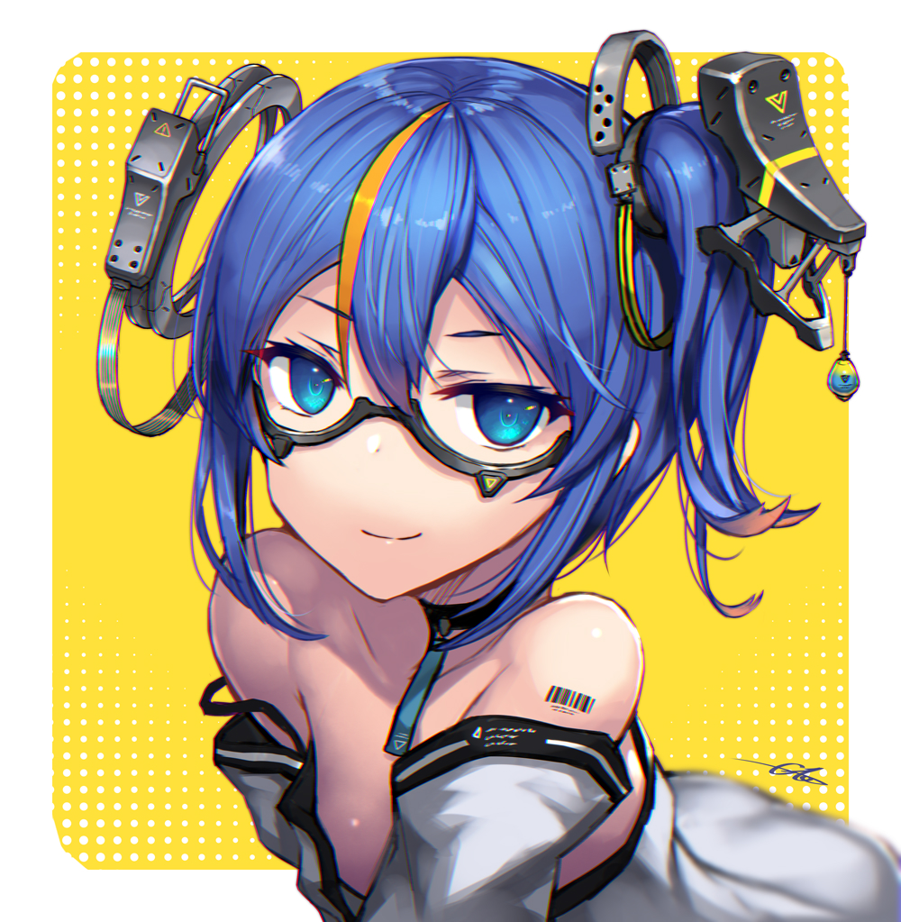 1girl barcode barcode_tattoo blue_eyes blue_hair choker collarbone commentary_request gia looking_at_viewer multicolored_hair orange_hair original semi-rimless_eyewear side_ponytail signature smile solo streaked_hair tattoo two-tone_hair under-rim_eyewear yellow_background