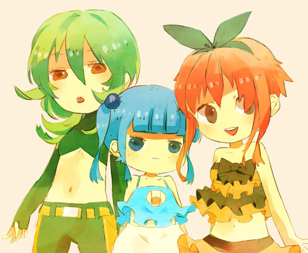 :3 bare_shoulders blue_eyes blue_hair breasts brown_eyes green_hair hair_ornament hair_ribbon headband midriff mijumaru moemon navel open_mouth oshawott personification pigtails pokabu pokemon pokemon_(game) pokemon_black_and_white pokemon_bw red_eyes red_hair ribbon shell short_twintails tsutaaja twintails underboob