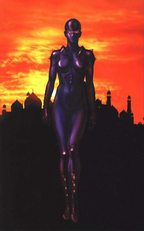 80's 80's 80s bodysuit breasts city cloud cyborg dome female full_body knee_pads lady_armaroid mask oldschool outdoors shadow shoulder_pads skin_tight sky solo space_adventure_cobra spikes standing sunset terasawa_buichi tower uncolored_eyes