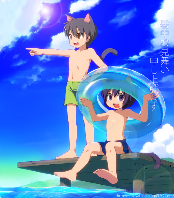 animal_ears cat_ears cat_tail cloud day full_body innertube male_focus male_swimwear multiple_boys nekoya ocean original purple_eyes purple_hair sky sunlight swim_trunks swimwear tail