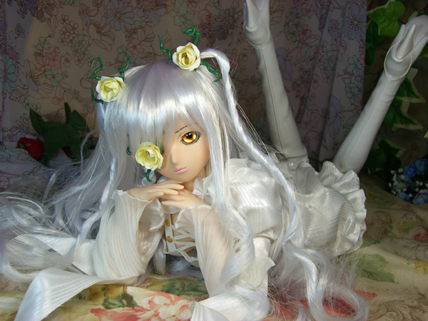 boots breasts cleavage doll eyepatch flower hair_flower hair_ornament high_heels kirakishou long_hair lying photo real rose rozen_maiden shoes silver_hair solo very_long_hair vines yellow_eyes
