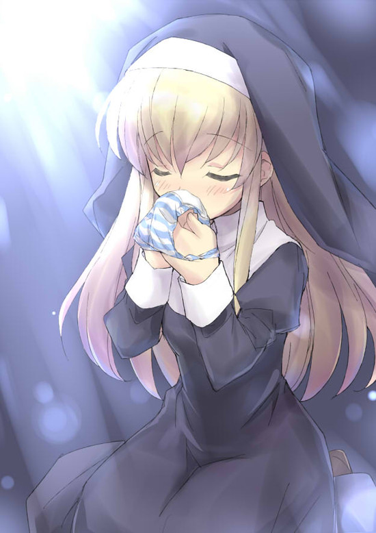 1girl artist_request blush clothes_sniffing dirty_panties eeeeee female holding holding_panties nun panties panty_sniffing resized smelling sniffing solo stained_panties striped striped_panties underwear