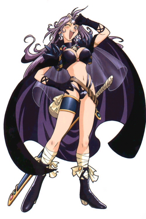 ahoge arm_up bandage bandages belt big_breasts bikini black_bra blue_eyes boots bra bracelet breasts cape cleavage earrings female full_body gloves hand_on_hip high_heels hips jewelry large_breasts long_hair midriff naga_the_serpent navel open_mouth purple_hair sack sheath shoes simple_background skull slayers smile solo spikes standing swimsuit sword teeth thigh_strap thighband tiara tongue underwear veil violet_hair wavy_hair weapon white_background wink