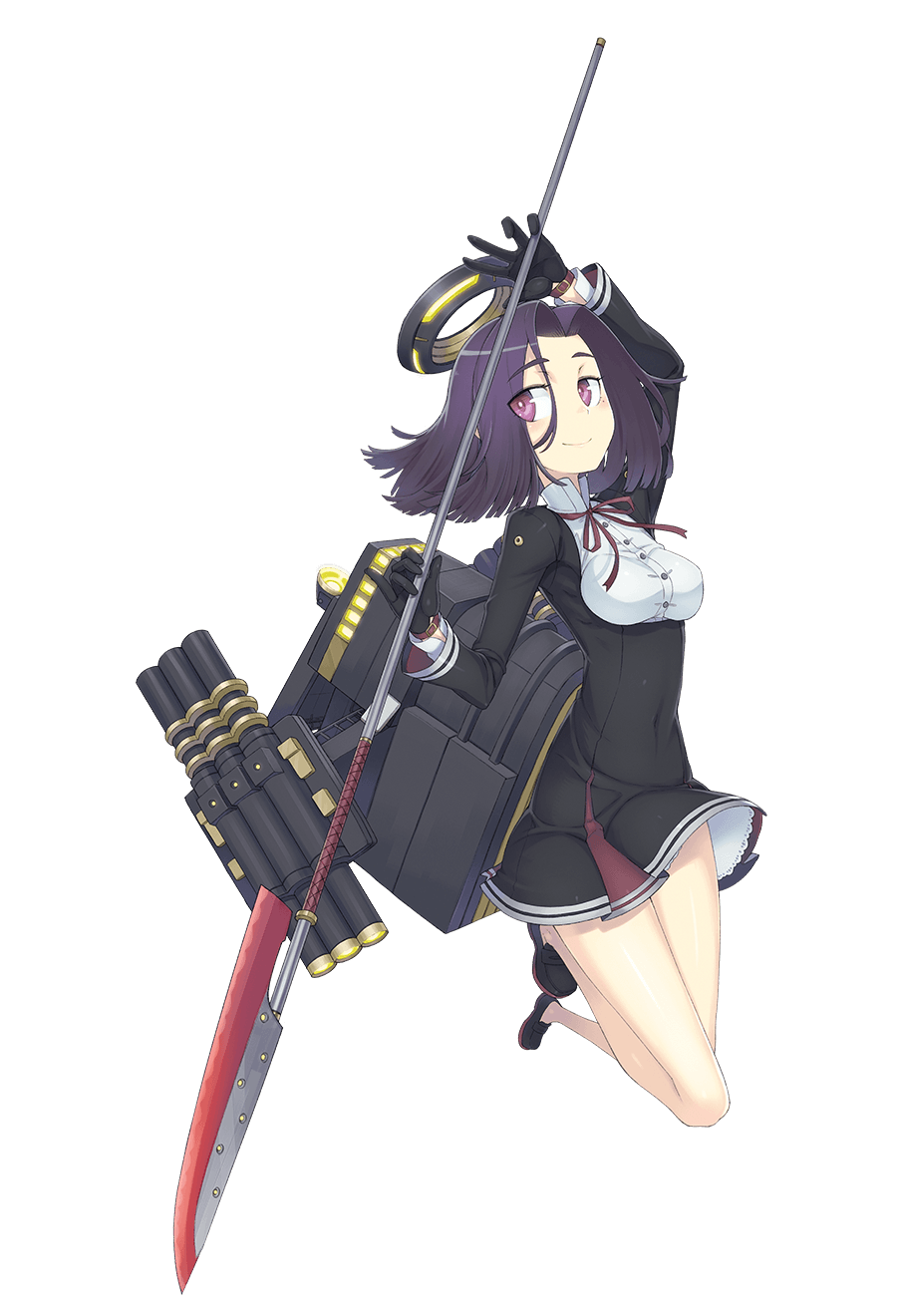 1girl ayaki black_gloves breasts closed_mouth dress full_body glaive_(polearm) gloves halo highres kantai_collection mechanical_halo medium_breasts mole mole_under_eye neck_ribbon official_art pleated_dress purple_eyes purple_hair red_ribbon ribbon rigging school_uniform short_hair smile solo tatsuta_(kancolle) torpedo transparent_background underbust