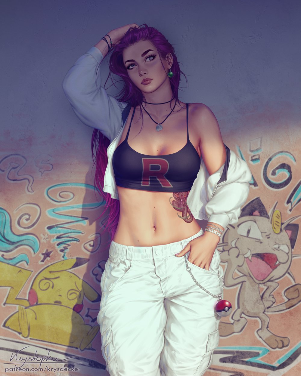 1girl adapted_costume adjusting_hair alternate_costume arbok breasts cleavage commentary crop_top cropped_jacket english_commentary graffiti highres jacket jessie_(pokemon) jewelry krystopher_decker long_hair meowth navel necklace pants pikachu poke_ball poke_ball_(basic) pokemon pokemon_(anime) purple_hair solo stomach stomach_tattoo tank_top tattoo team_rocket wall white_jacket white_pants