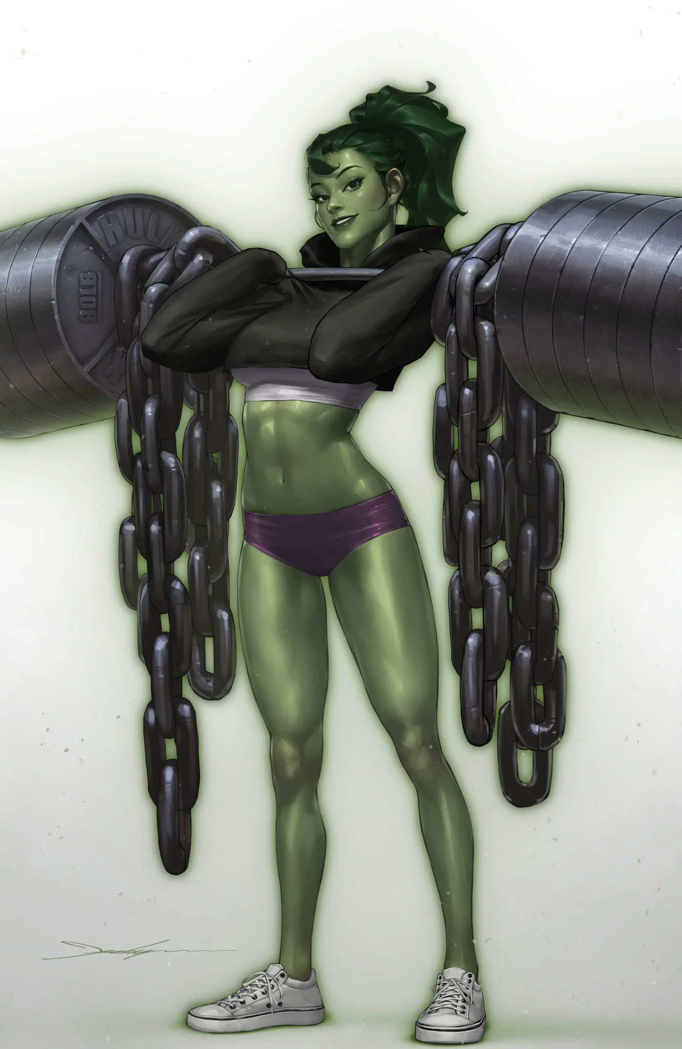 1girl breasts chain colored_skin crop_top exercise eyelashes green_eyes green_hair green_lips green_skin gym_shorts highres hood hoodie jee-hyung_lee jennifer_walters long_hair looking_at_viewer marvel muscular muscular_female navel ponytail purple_shorts she-hulk shoes shorts smile sneakers thighs weightlifting weights