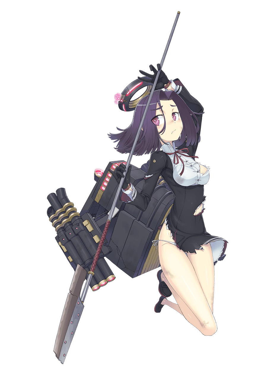 1girl ayaki black_gloves breasts closed_mouth dress frown full_body glaive_(polearm) gloves halo highres kantai_collection mechanical_halo medium_breasts mole mole_under_eye neck_ribbon official_art pleated_dress purple_eyes purple_hair red_ribbon ribbon rigging school_uniform short_hair solo tatsuta_(kancolle) torn_clothes torpedo transparent_background underbust