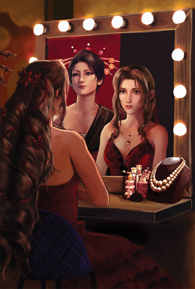 2girls aerith_gainsborough bangs bare_arms bare_shoulders black_hair black_kimono breasts brilcrist brown_hair collarbone cowboy_shot dress final_fantasy final_fantasy_vii final_fantasy_vii_remake flamenco_dress flower from_behind hair_flower hair_ornament hair_ribbon hair_stick indoors japanese_clothes jewelry kimono long_hair looking_at_mirror madam_m medium_breasts mirror mole mole_under_eye multiple_girls necklace official_alternate_costume parted_bangs pearl_necklace ponytail red_dress red_flower red_ribbon reflection ribbon ringlets sidelocks sitting star_(symbol) star_necklace strapless strapless_dress table vanity_table wavy_hair