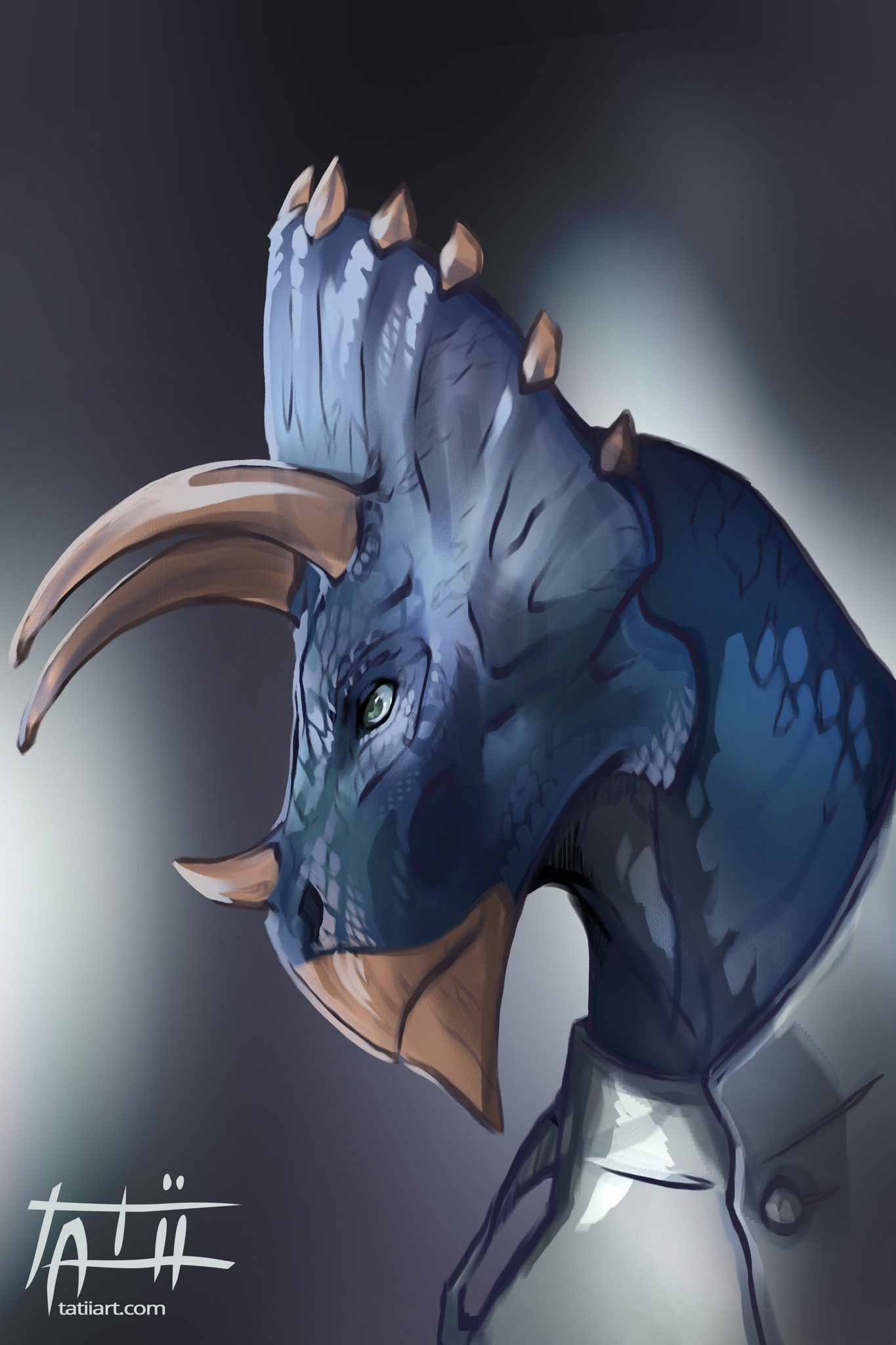 2022 blue_body blue_scales digital_media_(artwork) dinosaur green_eyes headshot_portrait hi_res horn portrait reptile scales scalie solo tatiilange