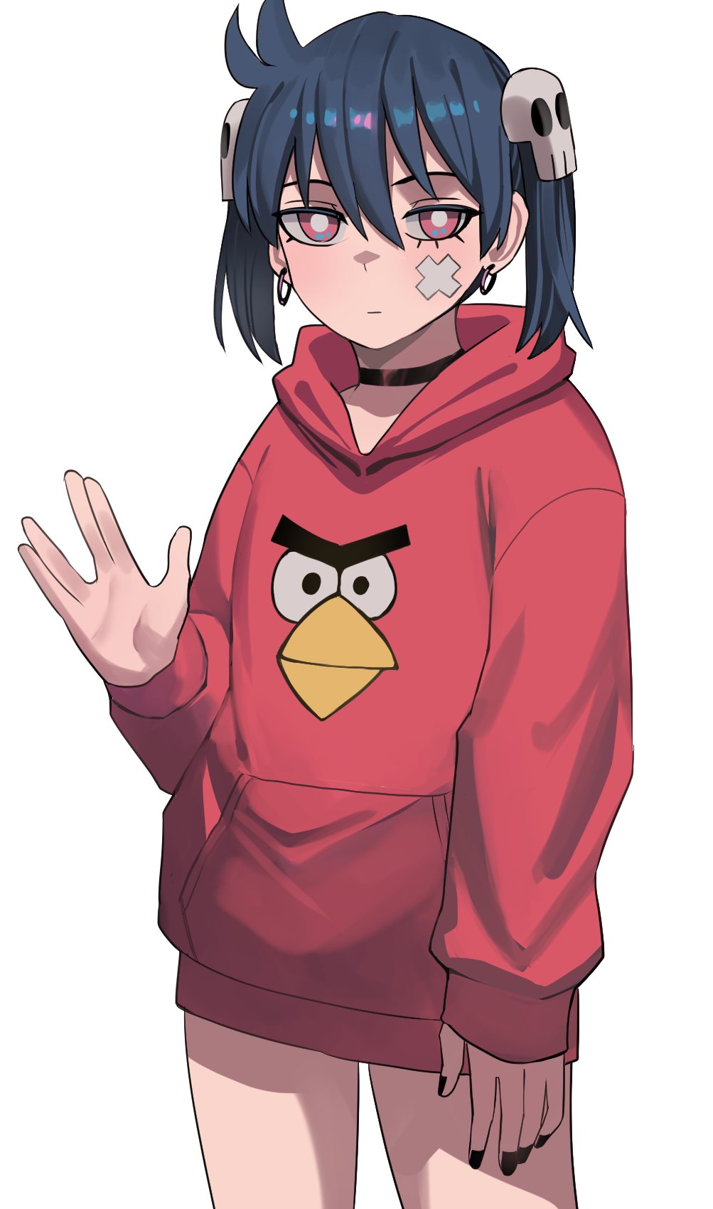 1girl angry_birds bandaid bandaid_on_cheek bandaid_on_face bangs black_choker black_nails blue_hair bright_pupils choker commentary cowboy_shot crossed_bandaids earrings english_commentary expressionless fingernails hair_between_eyes hair_ornament hand_up highres hood hoodie jewelry ji-yoon_(jourd4n) jourd4n long_sleeves looking_at_viewer nail_polish no_pants original red_(angry_birds) red_eyes red_hoodie salute simple_background skull_hair_ornament solo standing twintails vulcan_salute white_background white_pupils
