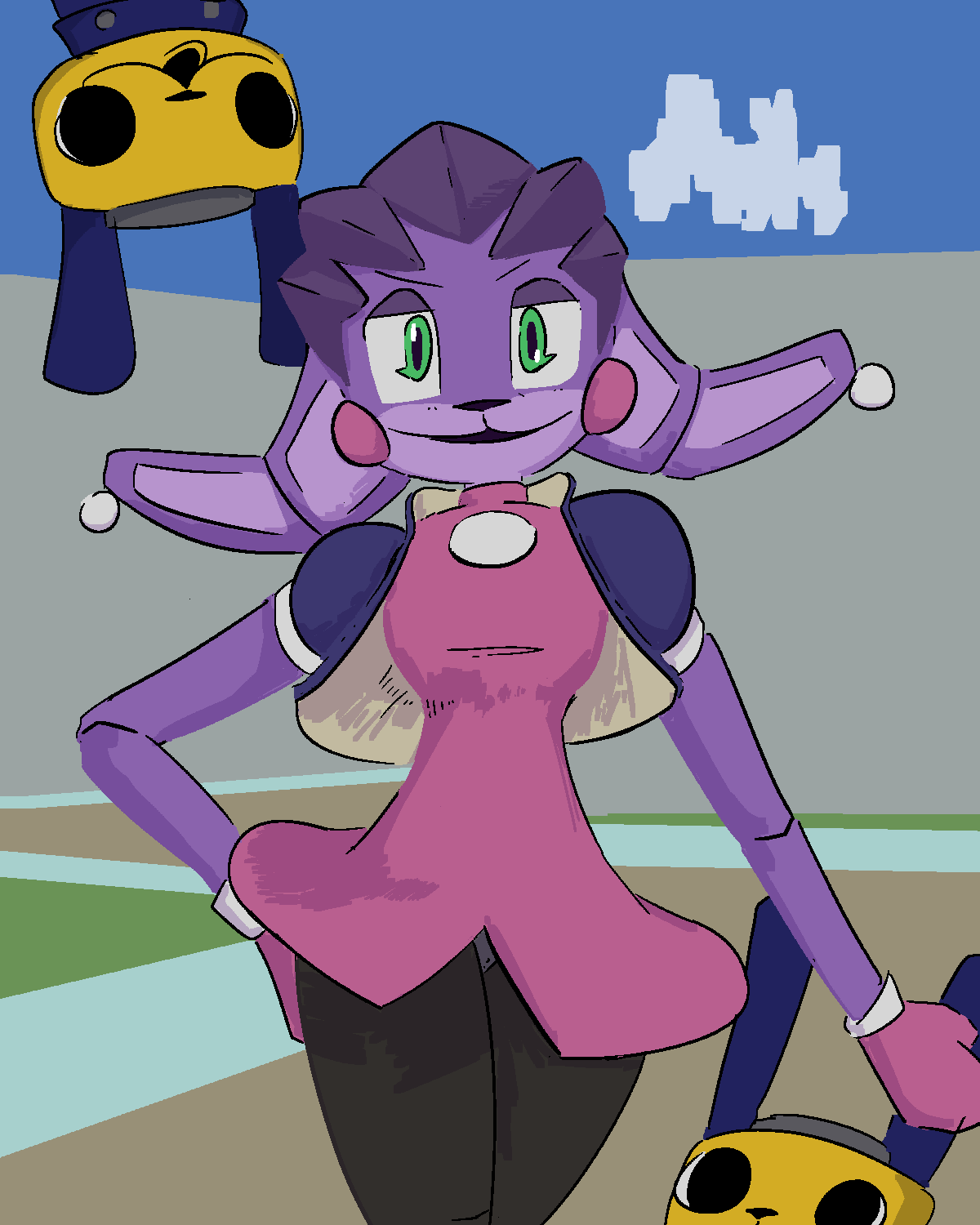 ambiguous_gender animatronic anthro bonnie_(fnaf) capcom clothed clothing cosplay crossover female five_nights_at_freddy's gglloooopp green_eyes group hair half-closed_eyes hi_res jacket lagomorph leporid long_ears looking_at_viewer machine mammal mega_man_(series) multicolored_body narrowed_eyes open_mouth purple_body rabbit robot scottgames servbot topwear trio tron_bonne two_tone_body video_games wide_eyed