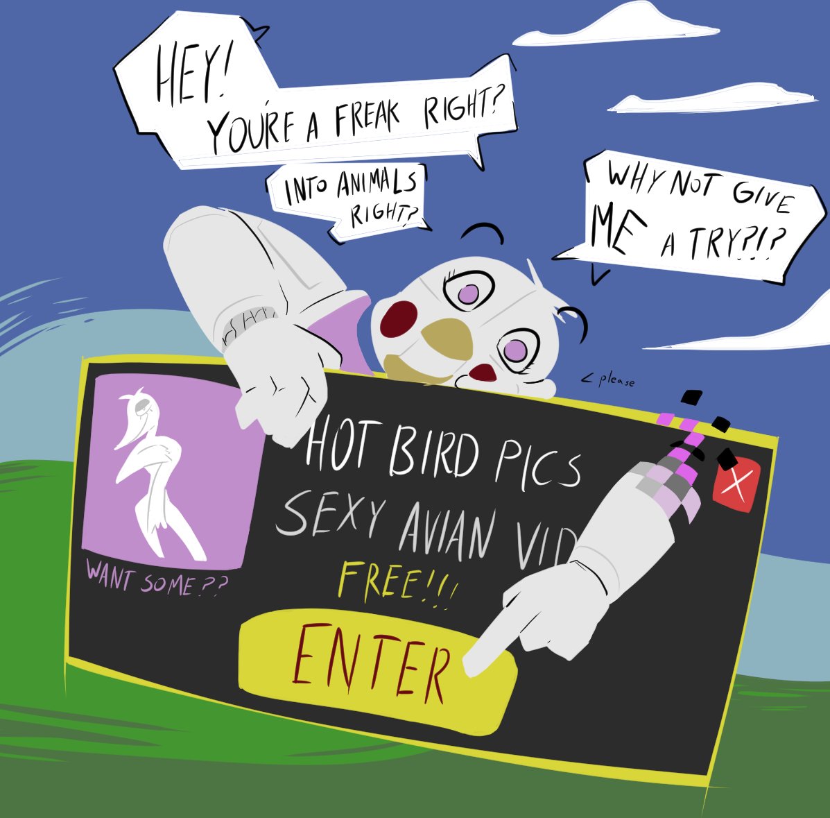 advertisement animatronic anthro beak blush covering covering_self dialogue english_text female five_nights_at_freddy's freddy_fazbear's_pizzeria_simulator funtime_chica_(fnaf) gglloooopp looking_back machine microsoft microsoft_windows nude open_mouth pink_eyes robot scottgames solo speech_bubble talking_to_viewer text video_games white_body windows_xp