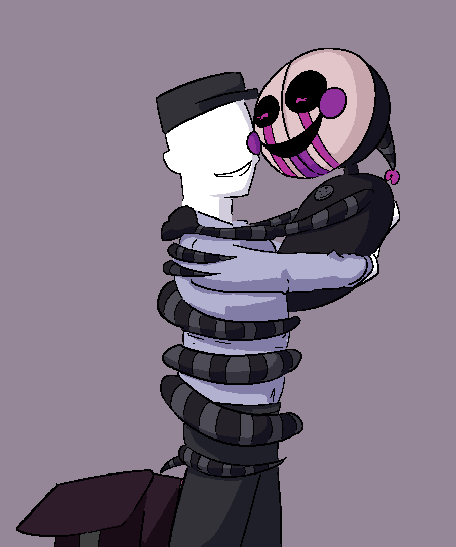 ambiguous_gender animate_inanimate black_body clothed clothing coiled_up coiling coiling_another doll duo embrace eyes_closed five_nights_at_freddy's five_nights_at_freddy's_2 gglloooopp hat headgear headwear hollow_eyes hug human humanoid living_doll male mammal marionette_(fnaf) markings scottgames smile striped_body stripes video_games white_body