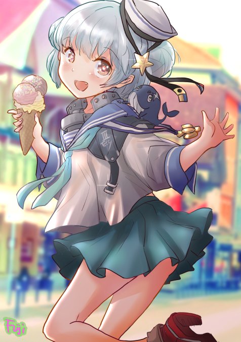 1girl animal_on_shoulder aqua_neckerchief aqua_skirt black_ribbon blue_hair blue_sailor_collar blue_sky cloud commentary_request commission cowboy_shot day dixie_cup_hat double_bun food fuji_(pixiv24804665) hair_bun hat hat_ribbon ice_cream kantai_collection little_blue_whale_(kancolle) long_sleeves military_hat miniskirt navy_cross neckerchief outdoors pleated_skirt red_eyes ribbon sailor_collar samuel_b._roberts_(kancolle) school_uniform serafuku shirt short_hair skeb_commission skirt sky sleeve_cuffs smile whale white_headwear white_shirt