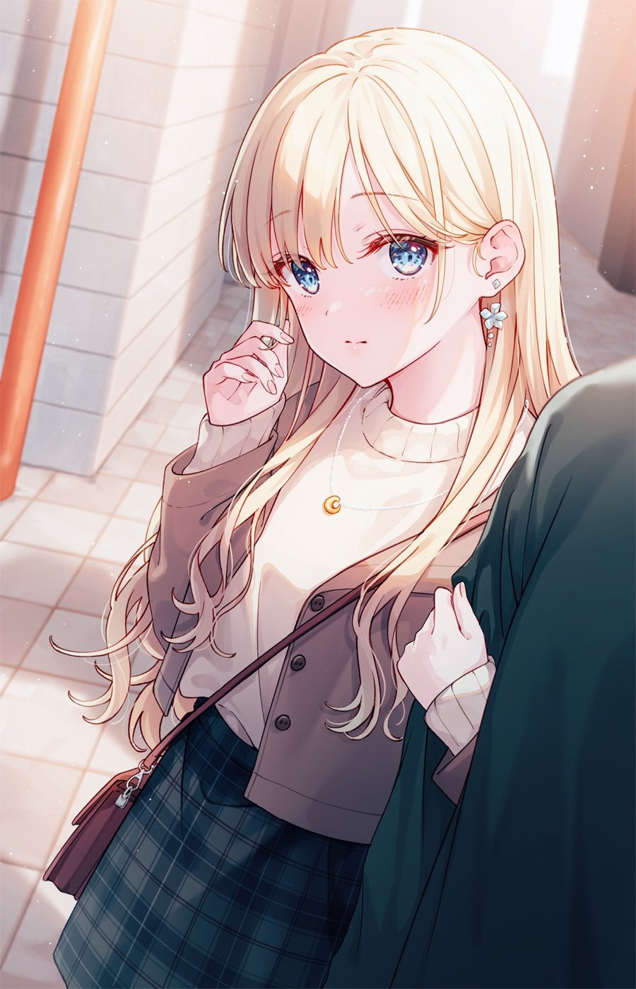 1boy 1girl aoi_yuki blonde_hair blue_eyes blush earrings hand_in_own_hair hetero highres holding_another's_arm jewelry long_sleeves looking_at_viewer necklace open_clothes original outdoors plaid plaid_skirt skirt sweater