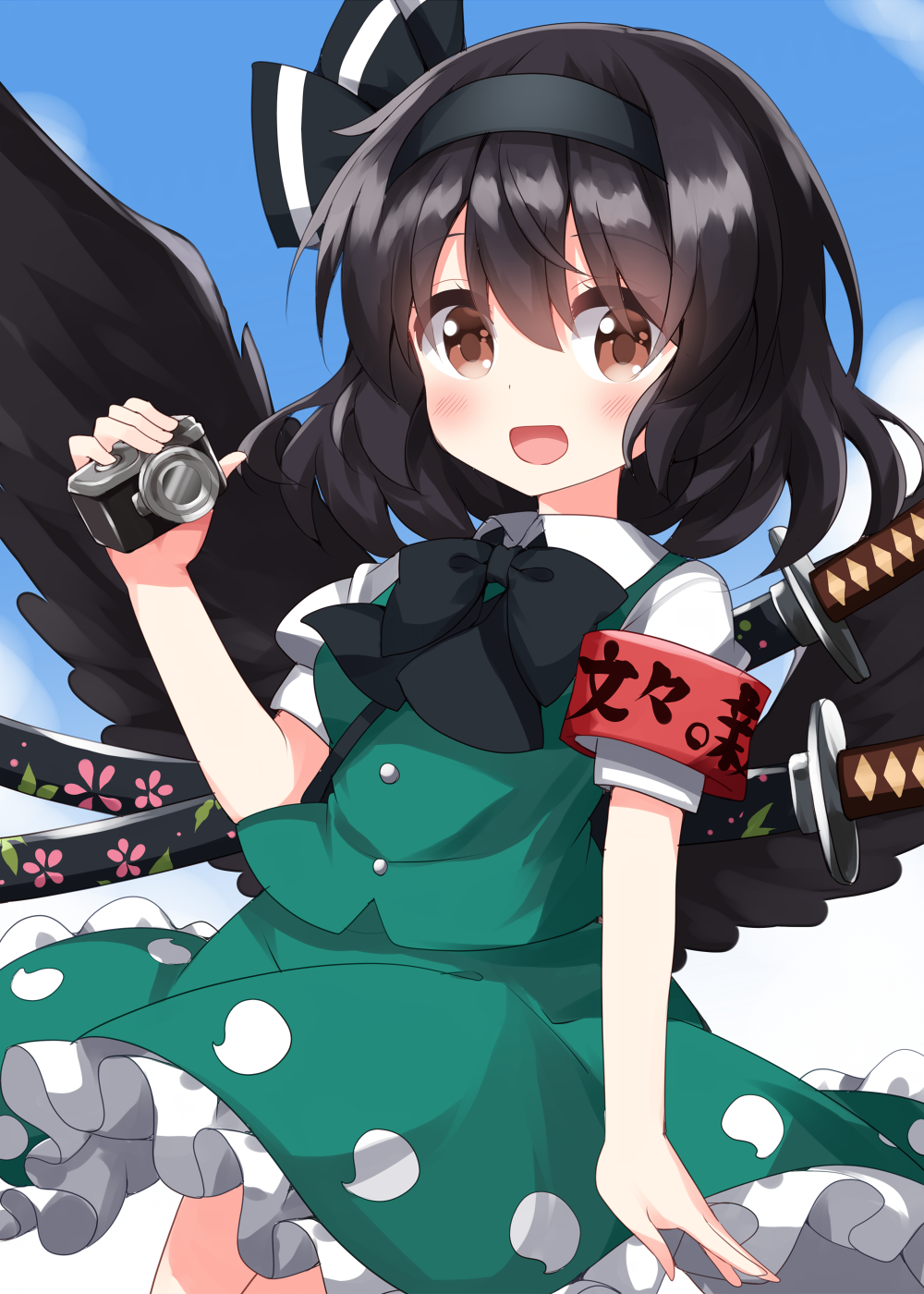 1girl bird_wings black_hair black_hairband black_ribbon black_wings blush brown_eyes camera collared_shirt cosplay cowboy_shot feathered_wings frilled_skirt frills green_skirt green_vest hair_between_eyes hair_ribbon hairband highres holding holding_camera konpaku_youmu konpaku_youmu_(cosplay) open_mouth puffy_short_sleeves puffy_sleeves ribbon ruu_(tksymkw) shameimaru_aya shirt short_hair short_sleeves skirt smile solo touhou vest white_shirt wings