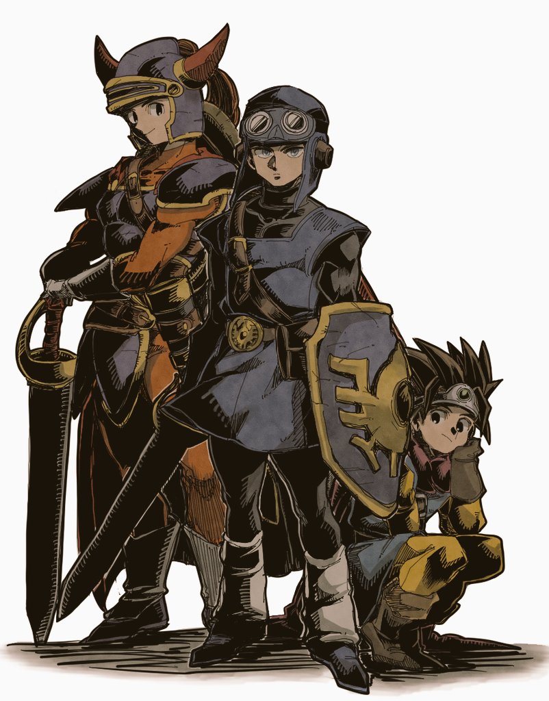 3boys armor circlet dragon_quest dragon_quest_i dragon_quest_ii dragon_quest_iii hero_(dq1) holding holding_shield holding_sword holding_weapon horns multiple_boys piyoko_saito prince_of_lorasia roto shield spiked_hair sword weapon