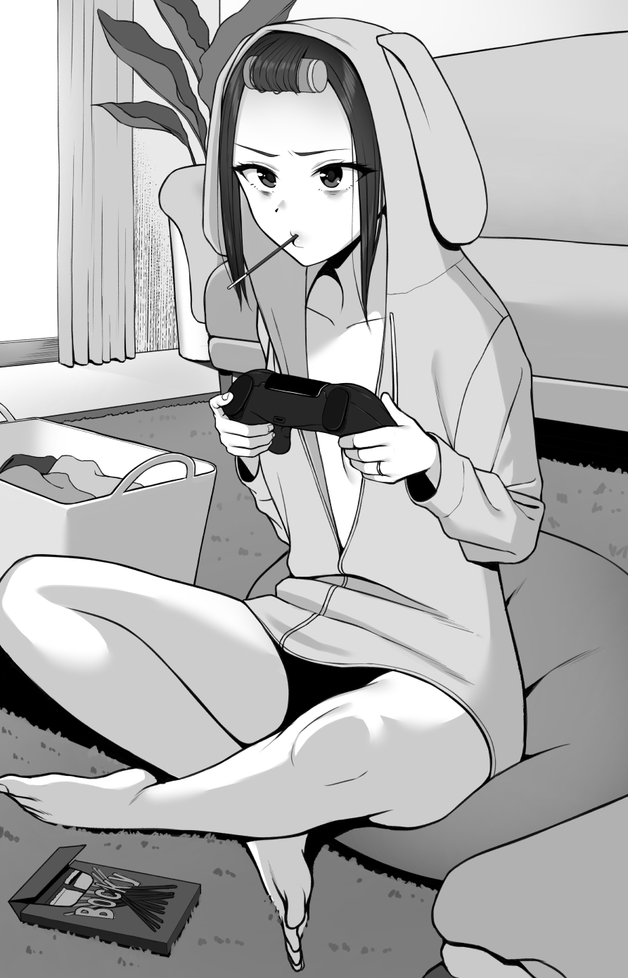 1girl bags_under_eyes barefoot brand_name_imitation breasts carpet couch curtains food forehead greyscale gyouza_teishoku highres hood hooded_jacket indoors jacket monochrome original plant pocky potted_plant sitting solo