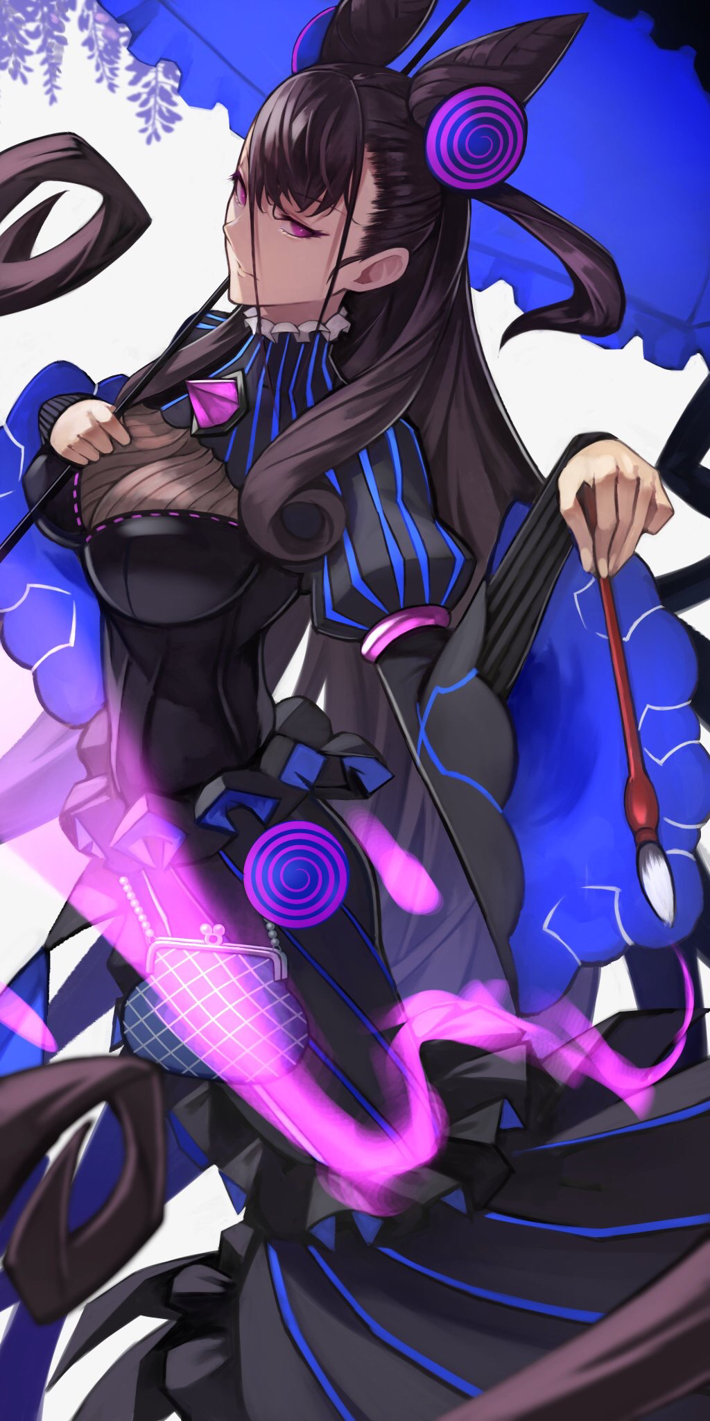 1girl 55level black_dress breasts brown_hair corset double_bun dress fate/grand_order fate_(series) frilled_umbrella frills gem hair_between_eyes highres holding holding_umbrella large_breasts long_hair long_sleeves looking_at_viewer murasaki_shikibu_(fate) pink_eyes puffy_long_sleeves puffy_sleeves solo striped two_side_up umbrella vertical_stripes very_long_hair