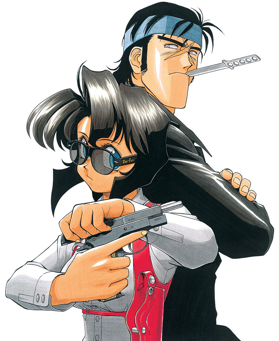 black_hair blue_eyes breasts couple crossed_arms cz_75 fingernails glasses gun gunsmith_cats hairband holding holster irene_'rally'_vincent irene_'rally'_vincent jacket knife knife_in_mouth leather leather_jacket looking_at_viewer looking_back pulling rally_vincent ray-ban scar shirt short_hair sideburns simple_background sonoda_ken'ichi sonoda_kenichi sunglasses tan tanned uncolored_eyes wavy_hair weapon