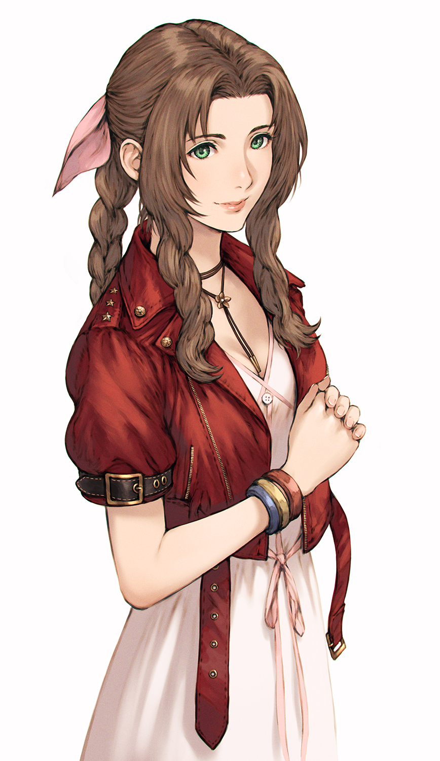 1girl aerith_gainsborough bangle bangs bracelet braid braided_ponytail breasts brown_hair buttons choker cleavage cowboy_shot cropped_jacket dress final_fantasy final_fantasy_vii final_fantasy_vii_remake flower_choker green_eyes hair_ribbon highres jacket jewelry long_dress long_hair looking_at_viewer makimura_shunsuke medium_breasts own_hands_clasped own_hands_together parted_bangs pink_dress pink_ribbon red_jacket ribbon short_sleeves sidelocks smile solo sundress upper_body wavy_hair white_background