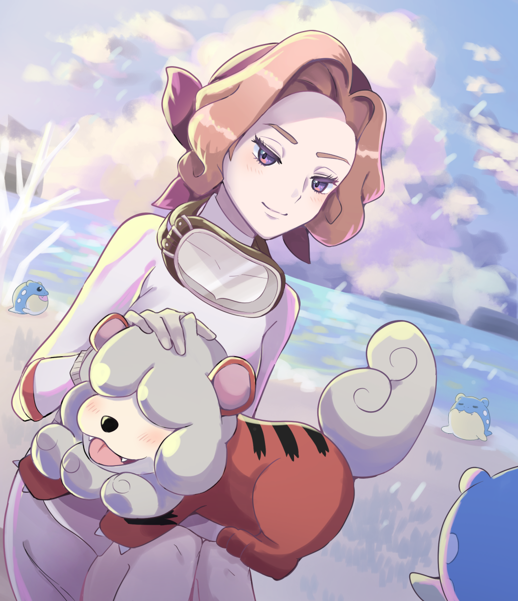 bandana bare_tree blush brown_hair closed_mouth cloud commentary_request covered_collarbone day eri_(rcn_natural13) eyelashes gloves grey_gloves headpat highres hisuian_growlithe knees looking_down on_lap outdoors palina_(pokemon) pearl_clan_outfit pokemon pokemon_(creature) pokemon_(game) pokemon_legends:_arceus pokemon_on_lap purple_bandana purple_eyes shore short_hair sky smile spheal tree