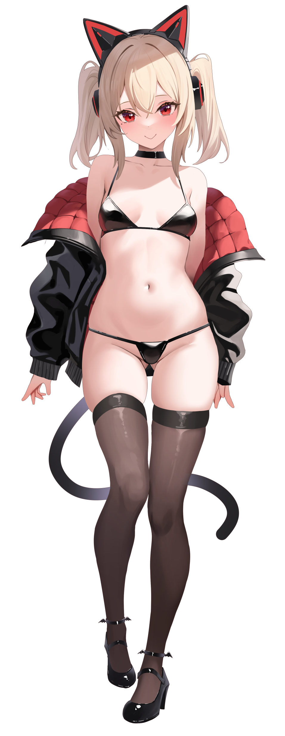 1girl absurdres animal_ears ass_visible_through_thighs axent_wear bare_shoulders bikini black_bikini black_footwear black_jacket black_thighhighs blonde_hair blush breasts cat_ear_headphones cat_ears cat_tail closed_mouth collar collarbone fake_animal_ears full_body headphones high_heels highres jacket long_sleeves looking_at_viewer mole mole_under_eye navel open_clothes open_jacket original pretty_mundane red_eyes short_hair short_twintails small_breasts smile solo standing stomach swimsuit tail thighhighs twintails
