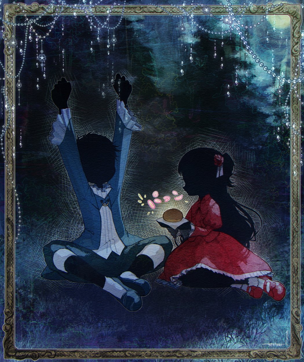 1boy 1girl arms_up black_hair black_skin blue_footwear blue_jacket bread chikasui_ume colored_skin dress flower food forest full_body hair_flower hair_ornament highres holding jacket john_(shadows_house) kate_(shadows_house) long_hair long_sleeves nature night outdoors pants red_dress red_flower red_footwear red_rose rose shadow_(shadows_house) shadows_house shoes short_hair sitting socks two_side_up white_socks