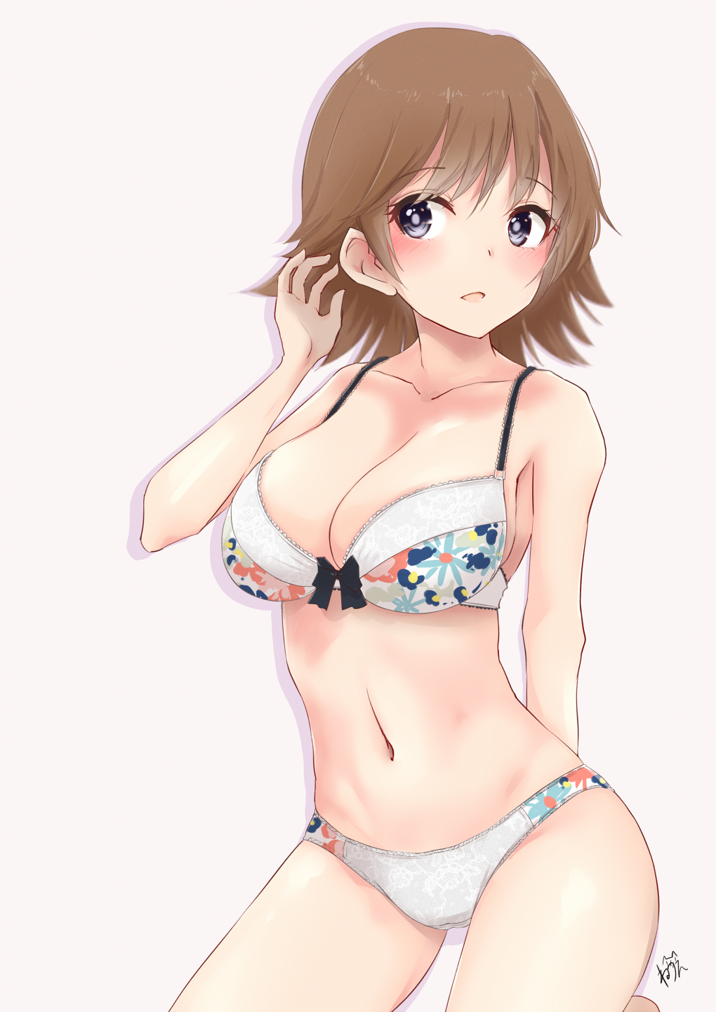 1girl blush bra breasts brown_hair cleavage collarbone cowboy_shot grey_eyes hiei_(kancolle) highres kantai_collection large_breasts navel neve open_mouth panties short_hair signature simple_background solo underwear white_background white_bra white_panties