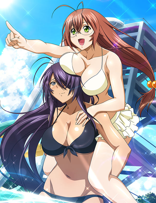 1boy 1girl :d antenna_hair bare_arms bikini black_bikini blue_sky blush breast_press breasts brown_hair carrying cleavage closed_mouth cloud collarbone day floating_hair front-tie_bikini_top front-tie_top glasses green_eyes grey_eyes groin hair_over_one_eye halterneck hand_on_another's_shoulder ikkitousen index_finger_raised kan'u_unchou large_breasts layered_bikini lens_flare long_hair navel open_mouth outdoors outstretched_arm piggyback purple_hair rimless_eyewear ryuubi_gentoku shiny shiny_hair shiny_skin sky smile sparkle sunlight swimsuit underboob very_long_hair wading white_bikini yuri