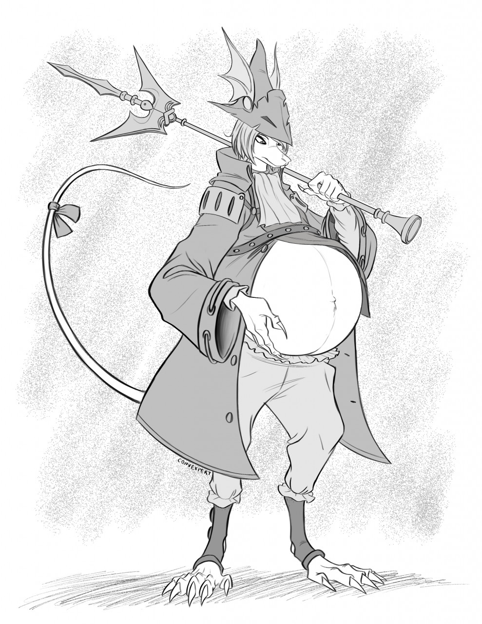 2022 accessory anthro ascot barefoot belly big_belly bottomwear bow_ribbon burmecian claws clothed clothing coat convexpert feet female final_fantasy final_fantasy_ix freya_crescent furgonomics hand_on_stomach headgear headwear hi_res holding_object holding_staff looking_down looking_down_at_stomach mammal monochrome navel outie_navel pants pregnant pregnant_female raised_tail ribbons rodent signature solo square_enix staff standing tail_accessory tail_bow tail_ribbon toe_claws topwear video_games