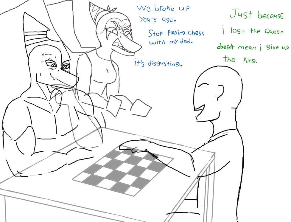 anon_(snoot_game) anthro bald chess chess_board dialogue dinosaur english_text fang_(gvh) featureless_face female furniture goodbye_volcano_high group humor long_snout makeup male markings monochrome pterodactylus pterosaur reptile ripley_(snoot_game) scalie sketch snoot_game_(fan_game) snout table text trio unknown_artist wings