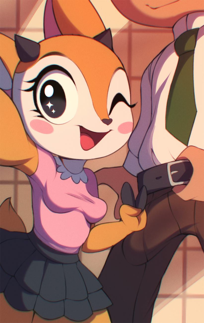 2022 aggressive_retsuko antelope anthro bottomwear bovid breasts chief_komiya clothed clothing duo erection erection_under_clothing female gazelle herpestid hi_res looking_at_viewer male male/female mammal meerkat one_eye_closed open_mouth open_smile sanrio skirt smile smiling_at_viewer tsunoda wildblur wink winking_at_viewer