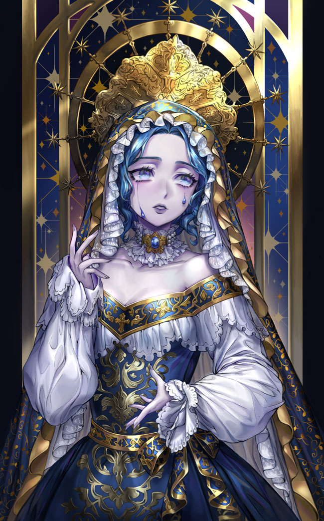 1girl blue_eyes blue_hair box_(hotpppink) breasts cape cleavage collarbone dress facing_viewer gold_trim grey_lips grey_nails hand_up jewelry long_sleeves medium_hair original pale_skin tears
