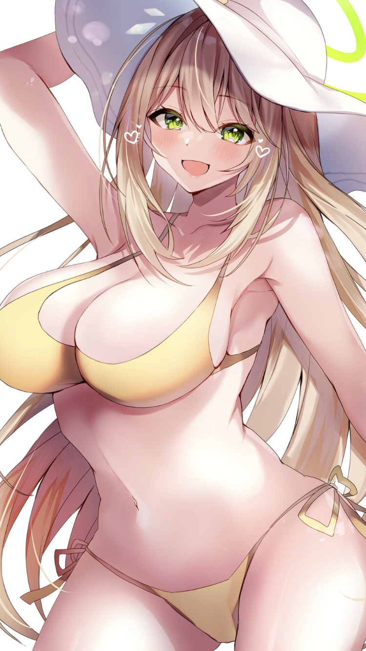 1girl :d bikini blonde_hair blue_archive breasts commentary_request green_eyes halo highres large_breasts long_hair looking_at_viewer nenobi_(nenorium) nonomi_(blue_archive) nonomi_(swimsuit)_(blue_archive) official_alternate_costume open_mouth simple_background smile solo swimsuit white_background yellow_bikini