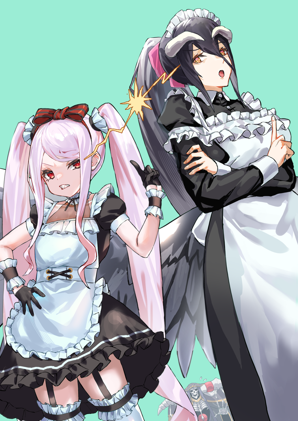 1boy 2girls ainz_ooal_gown albedo_(overlord) alternate_costume apron bangs black_dress blush bow breasts clenched_teeth collared_dress crossed_arms dress enmaided frills garter_straps hair_bow hair_ornament hand_up highres index_finger_raised large_breasts long_hair looking_at_another maid maid_apron maid_headdress multiple_girls open_mouth overlord_(maruyama) red_bow shalltear_bloodfallen sharp_teeth short_sleeves skull teeth thighhighs tsugu0302 twintails white_thighhighs wrist_cuffs