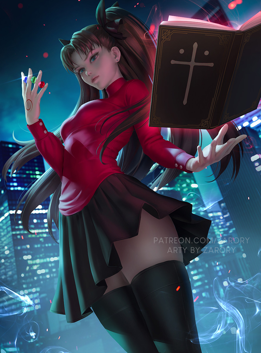 1girl artist_name black_hair black_thighhighs blue_eyes blurry blurry_background book breasts building cityscape cowboy_shot english_commentary expressionless fate/stay_night fate_(series) floating from_below gem glint hair_ribbon highres levitation long_hair long_sleeves looking_at_viewer medium_breasts open_book patreon_username ribbon skirt skyscraper solo thighhighs tohsaka_rin twintails two_side_up zarory zettai_ryouiki