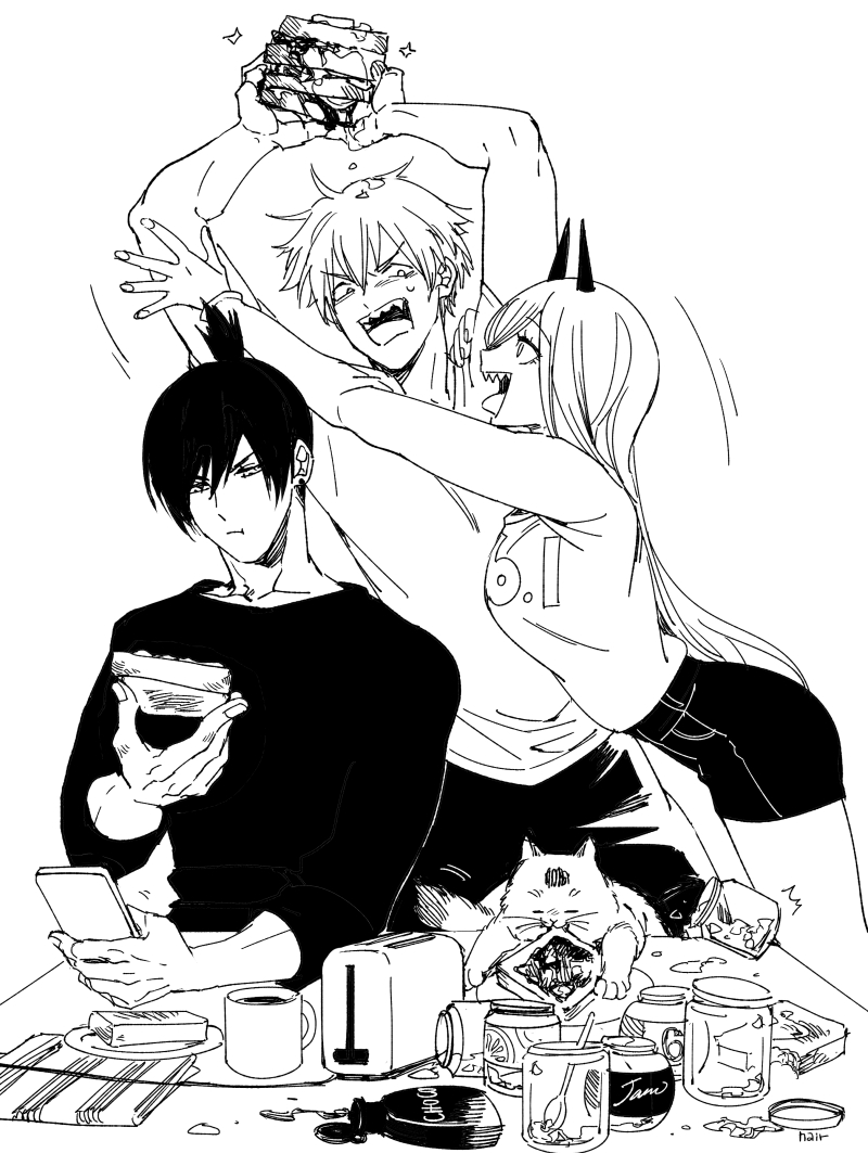 1girl 2boys arched_back arms_up black_shirt black_shorts blush breasts cat chainsaw_man coffee_mug cowboy_shot cup denji_(chainsaw_man) eating food food_in_mouth hair_between_eyes hayakawa_aki high_contrast high_ponytail holding holding_food holding_phone horns jam jar lineart long_hair long_sleeves looking_at_phone medium_breasts medium_hair meowy_(chainsaw_man) mouth_hold mug multiple_boys nair_(mindcreator) open_mouth phone power_(chainsaw_man) sharp_teeth shirt short_hair short_ponytail short_shorts shorts sweatdrop t-shirt teeth toast toast_in_mouth toaster toned toned_male tongue tongue_out white_background white_shirt