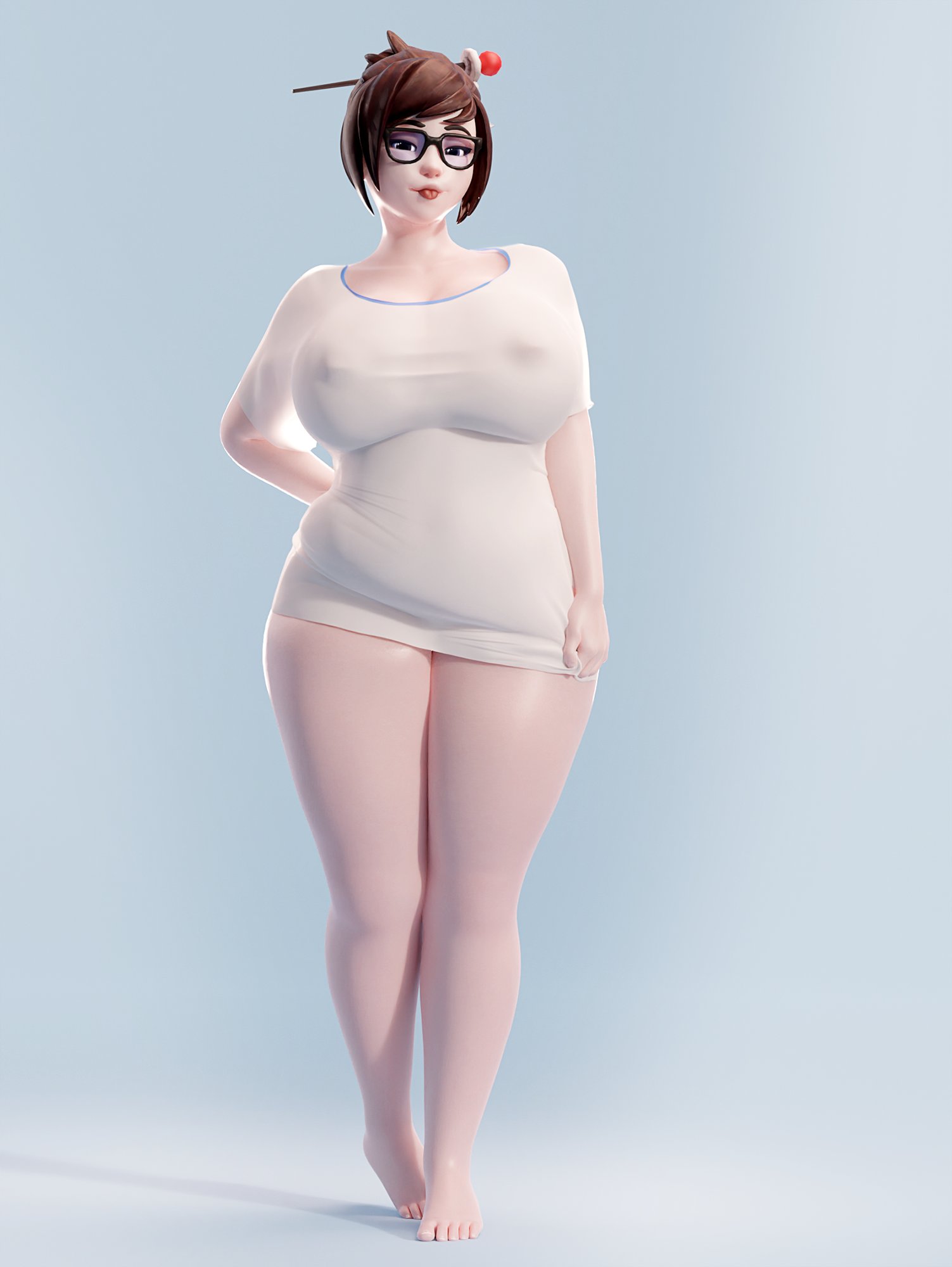 1girl 3d :p arm_behind_back black-framed_eyewear breasts covered_nipples curvy english_commentary facing_viewer fugtrup hair_bun hair_ornament hair_stick highres huge_breasts mei_(overwatch) meme muffin_top naked_shirt no_pants overwatch overwatch_1 pajamas_challenge_(meme) plump pulled_by_self shirt short_hair single_hair_bun solo strip_game t-shirt taut_clothes taut_shirt tight tight_shirt toes tongue tongue_out white_shirt wide_hips