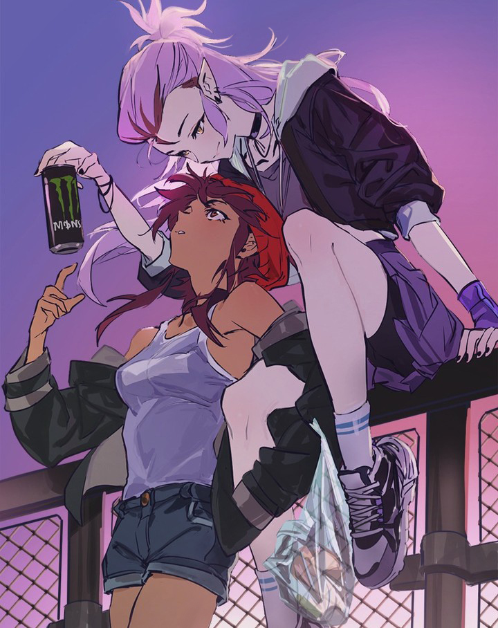 2girls amity_blight bag beanie brown_hair can chain-link_fence couple energy_drink fence hair_pulled_back hat head_back holding holding_can hood hoodie jacket kuma20151225 looking_at_another luz_noceda monster_energy multiple_girls prototype purple_hair shopping_bag short_shorts shorts sitting_on_fence skirt smile soda_can tank_top the_owl_house yellow_eyes yuri