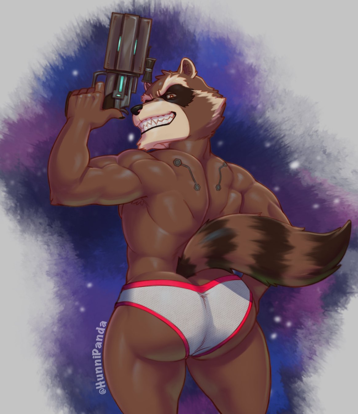 2022 anthro armpit_hair back_muscles biceps big_butt biped black_body black_fur body_hair briefs briefs_only brown_body brown_fur bubble_butt butt clothed clothing digital_media_(artwork) fur guardians_of_the_galaxy gun hi_res holding_gun holding_object holding_weapon hunnipanda male mammal markings marvel muscular muscular_anthro muscular_male pinup portrait pose procyonid raccoon ranged_weapon rear_view ring_(marking) ringtail rocket_raccoon smile solo tail_markings tan_body tan_fur teeth three-quarter_portrait underwear underwear_only weapon